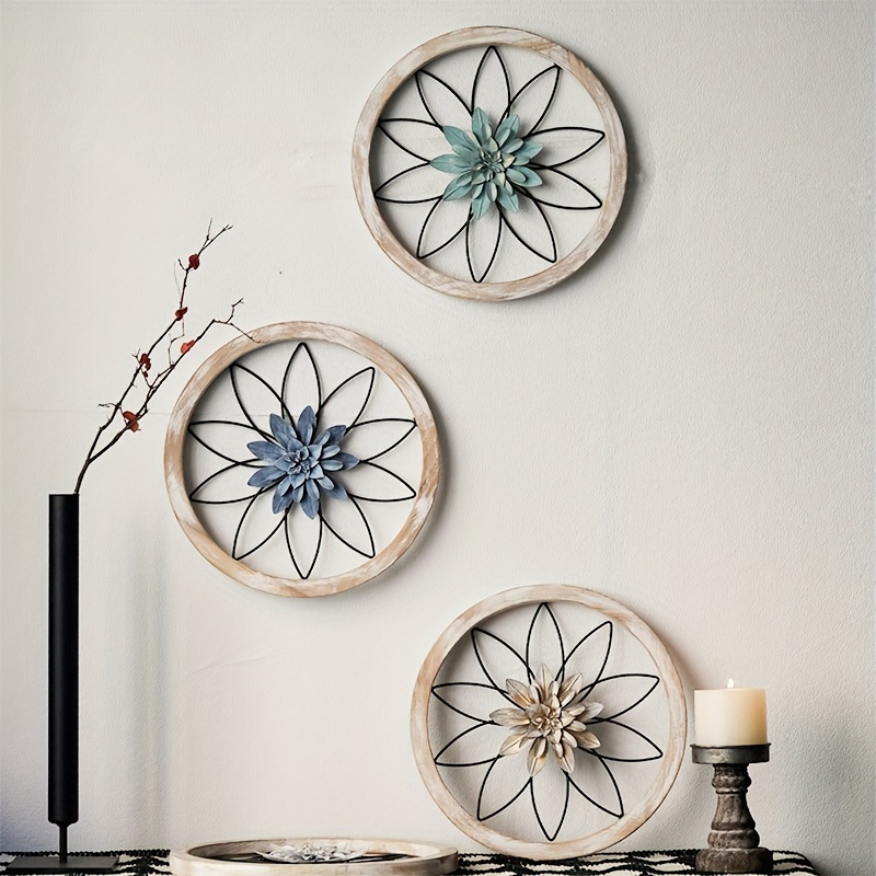 

3 Pcs Set: Round Farmhouse Wall Decor - Vintage Wooden Frame With Iron Flowers, Suitable For Bedroom, Living Room, Bathroom, Kitchen, Dining Room, And Home Decorations