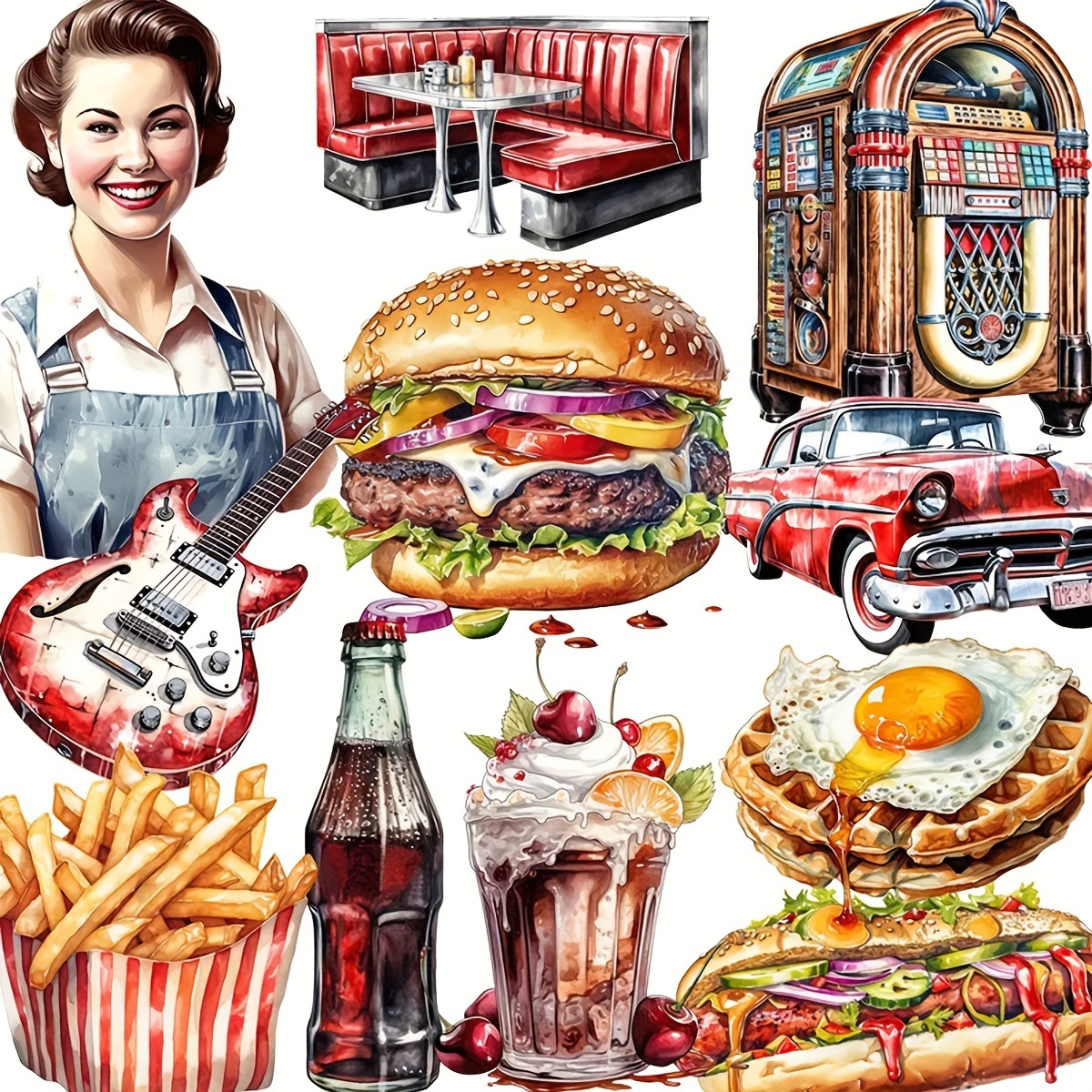 

Vintage Diner Stickers: Handmade Decorative Stickers For Journals And Albums - Retro Fast Food, Burgers, Fries, And More