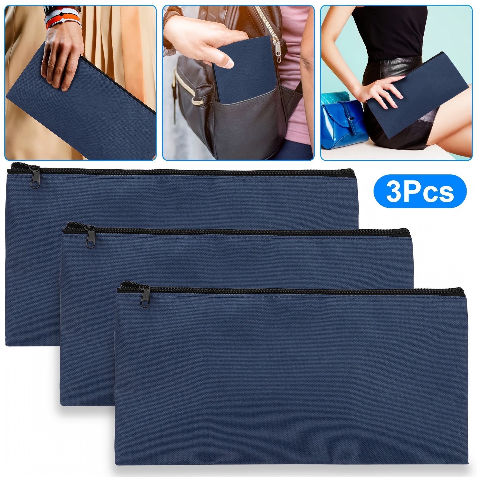 

3pcs Bank Deposit Bags With Zipper, Money Pouch For Cash, , , Waterproof Organizer Clutch Bag