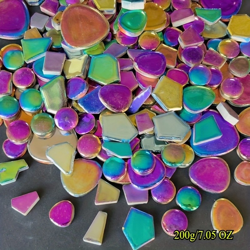 TEMU 200g/7.05 Oz Egg-shaped Irregular Round Mixed Shapes Iridescent Plated Glass Mosaic, Fusible Glass Supplies Regular Sizes Handmade Mosaic Making