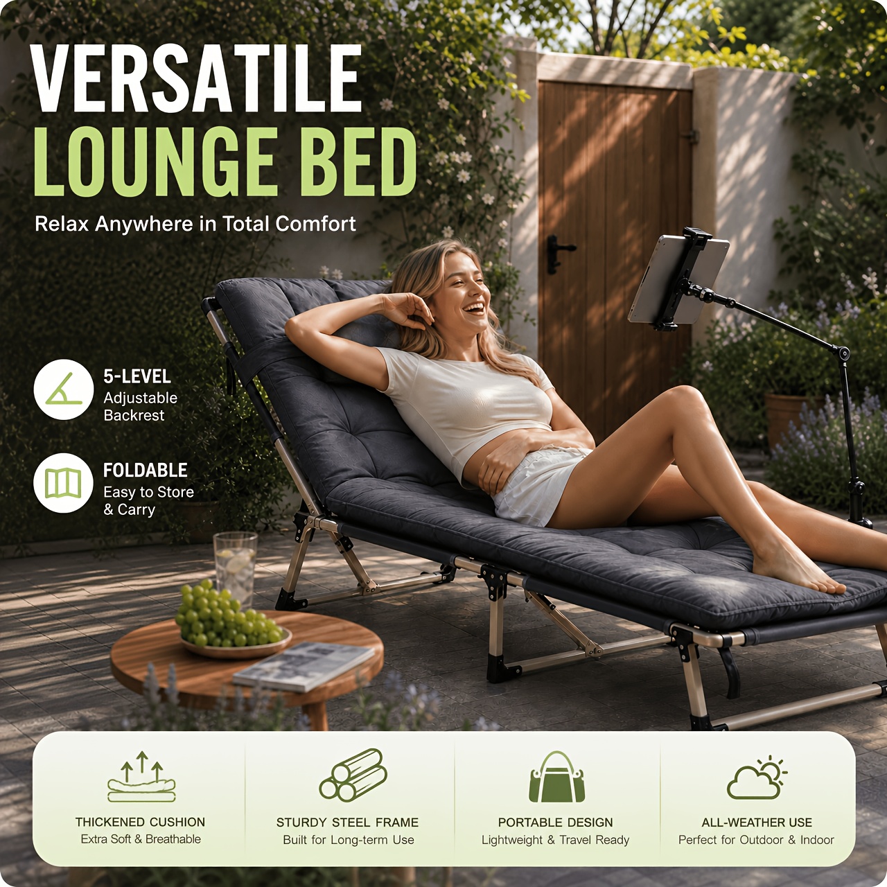 1 Folding Bed Lounge Chair, Outdoor Folding Bed, Camp Bed, Bed Frame, Beach Folding Chair