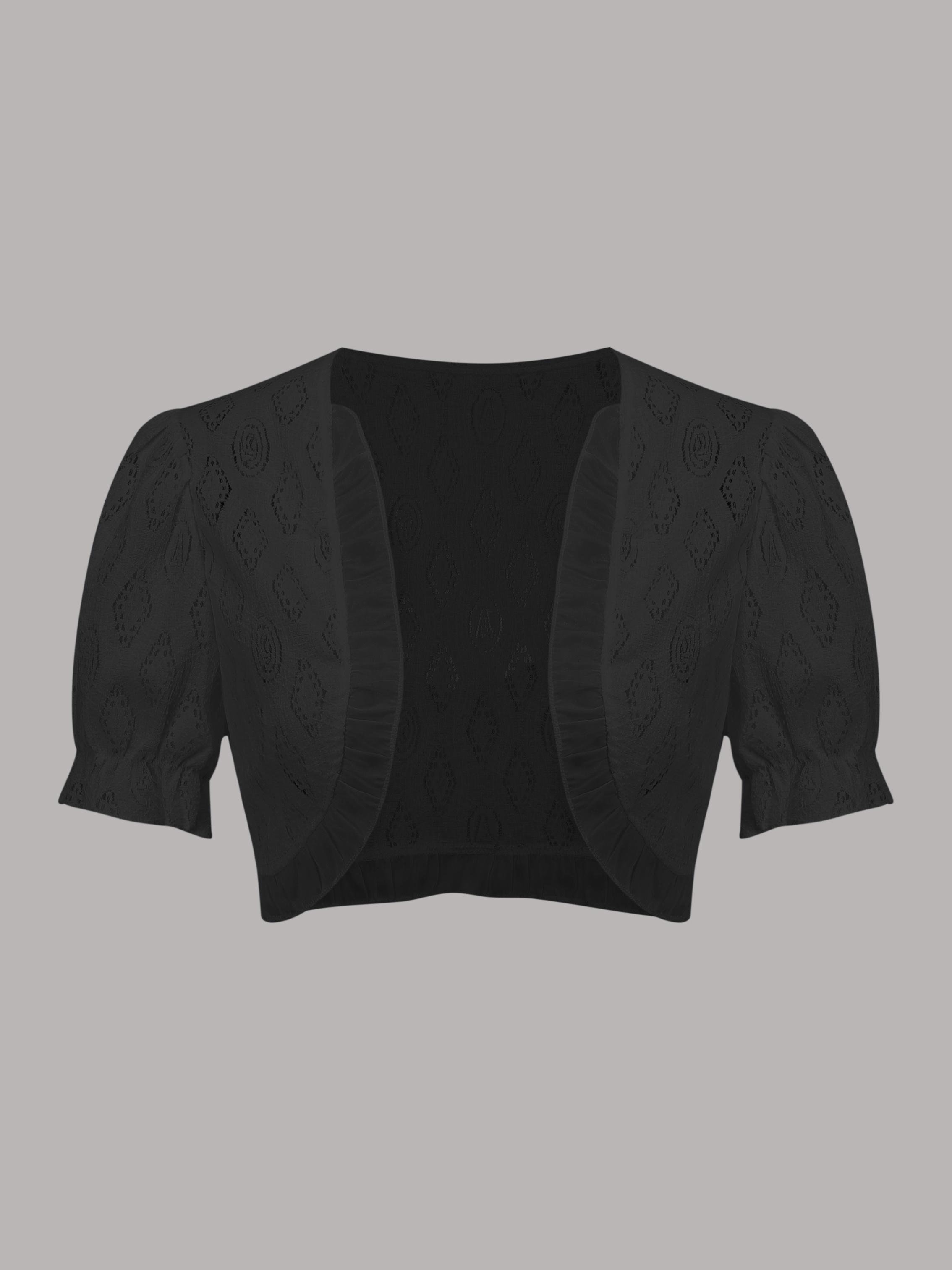 Solid Eyelet Contrast Lace Crop Cardigan, Elegant Puff Short Sleeve Open Front Top, Women's Clothing