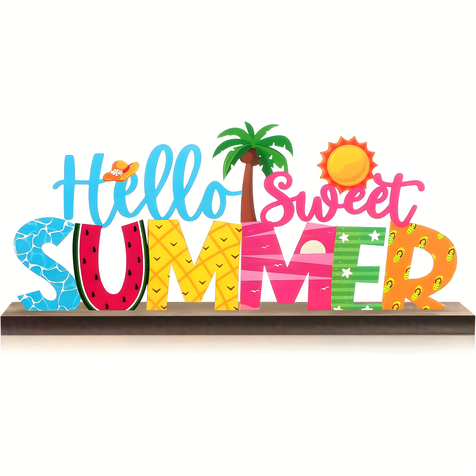 2d Flat Printing, Wooden Decoration, 1 Set, Summer-friendly Decoration, With Sun, Coconut Tree, Sun Hat Decoration, Suitable As Desktop Decoration, Birthday Gift, Holiday Gift, And Office Decoration