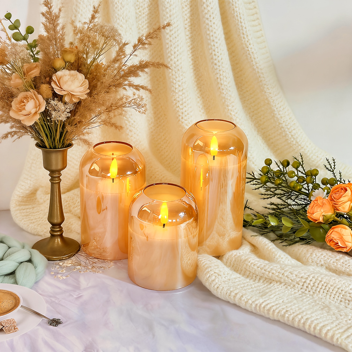 Golden Arc Cup Candle Rechargeable Light 3pcs Set with Remote Control