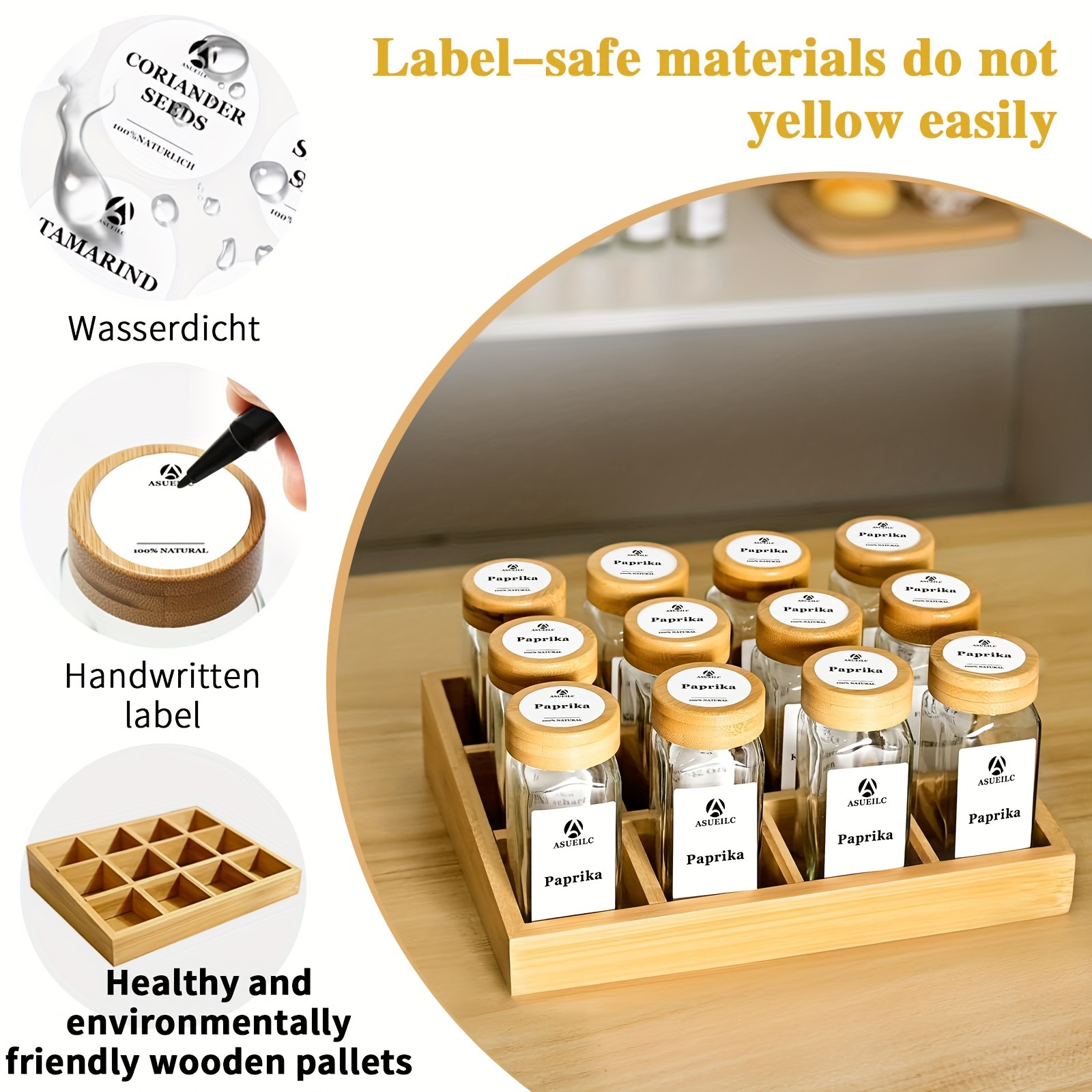     with 12 24 jars with bamboo lids bamboo drawer organizer with attached waterproof   labels for english herbs spices and condiments for   details 3