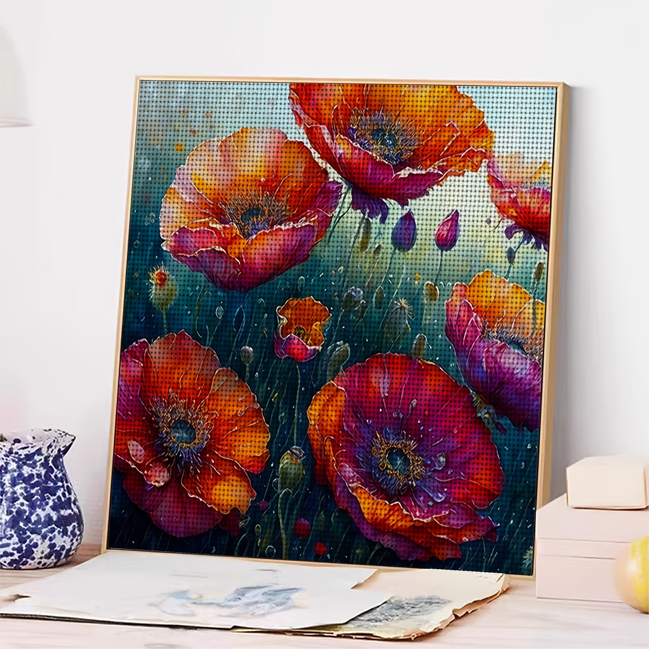 Cross Stitch Printed Kit, Frameless, Red Blooming Flowers Oil Painting Pattern