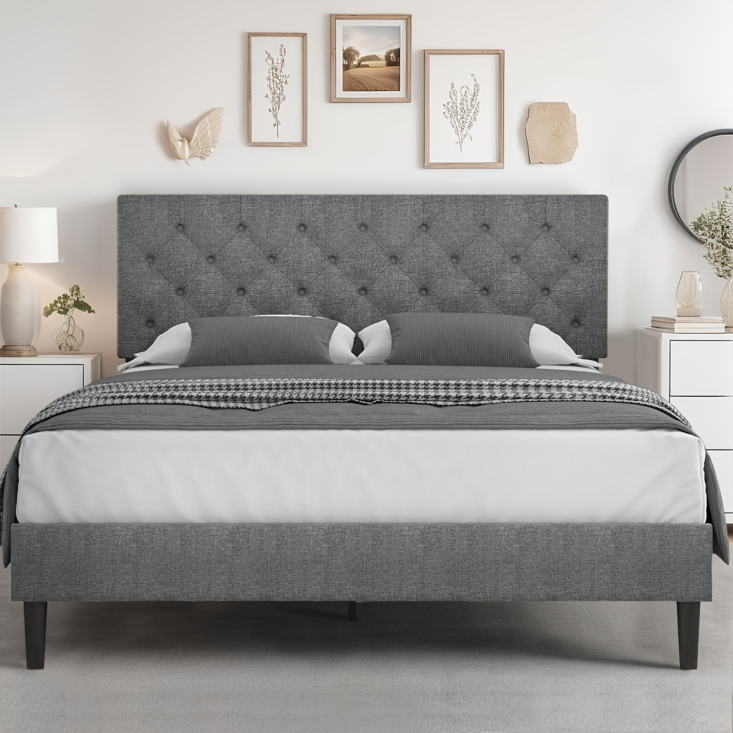 twin full queen king size bed frame with headboard linen fabric upholstered bed frame with wood slats mattress not included halloween decor wood slats for easy assembly button tufted white blue dark    