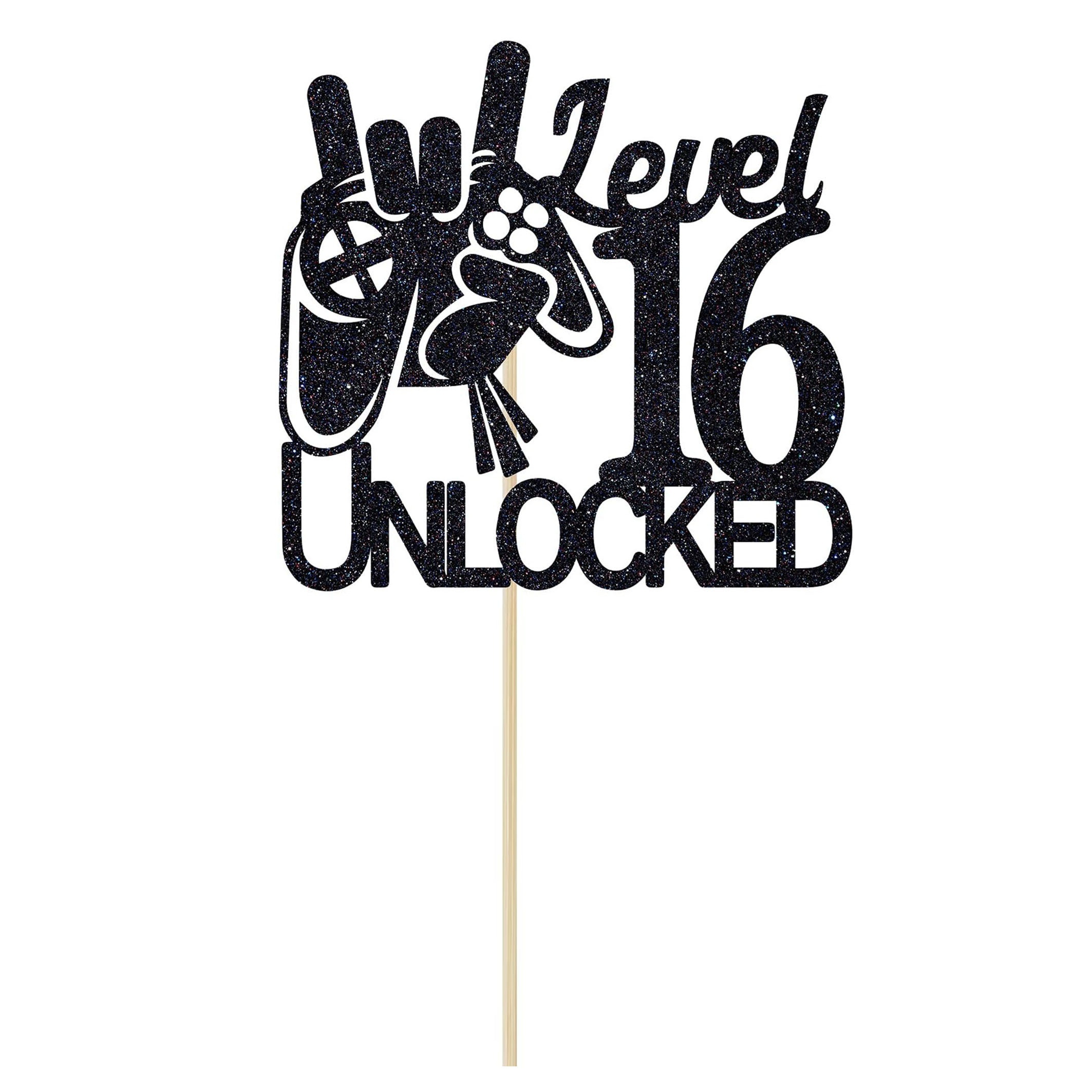 1pc Black Glitter Level 16 Unlocked Game Birthday Cake Topper - Boy's 16th Birthday Cake Decorations - Sweet 16 - Game Theme Cake Topper - Level Up Winner Party Decoration Supplies