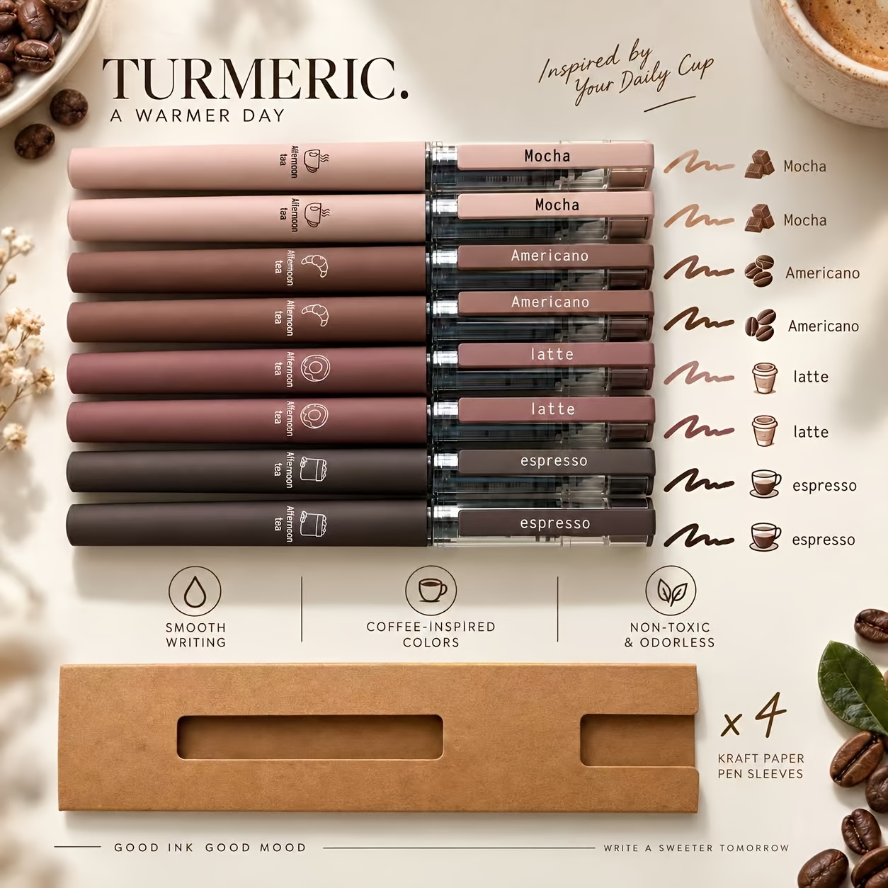 TEMU 8pcs Coffee Colored Ink Roller Ball Pens And 4pcs Paper Pouches, Fast Dry Fine Point Pens For Journaling Gifts