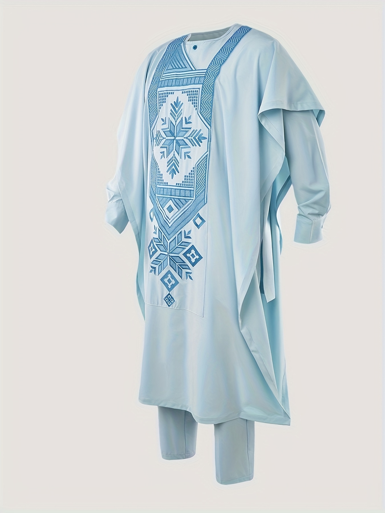 Men'S Three-Piece Agbada Set Featuring Embroidery, Pockets, And a Loose, Flowing Silhouette; Includes a Robe, Shirt, And Drawstring Elastic Waist Long Pants, Suitable for Everyday Events Like Cocktails, Weddings, Parties, Banquets, Birthdays