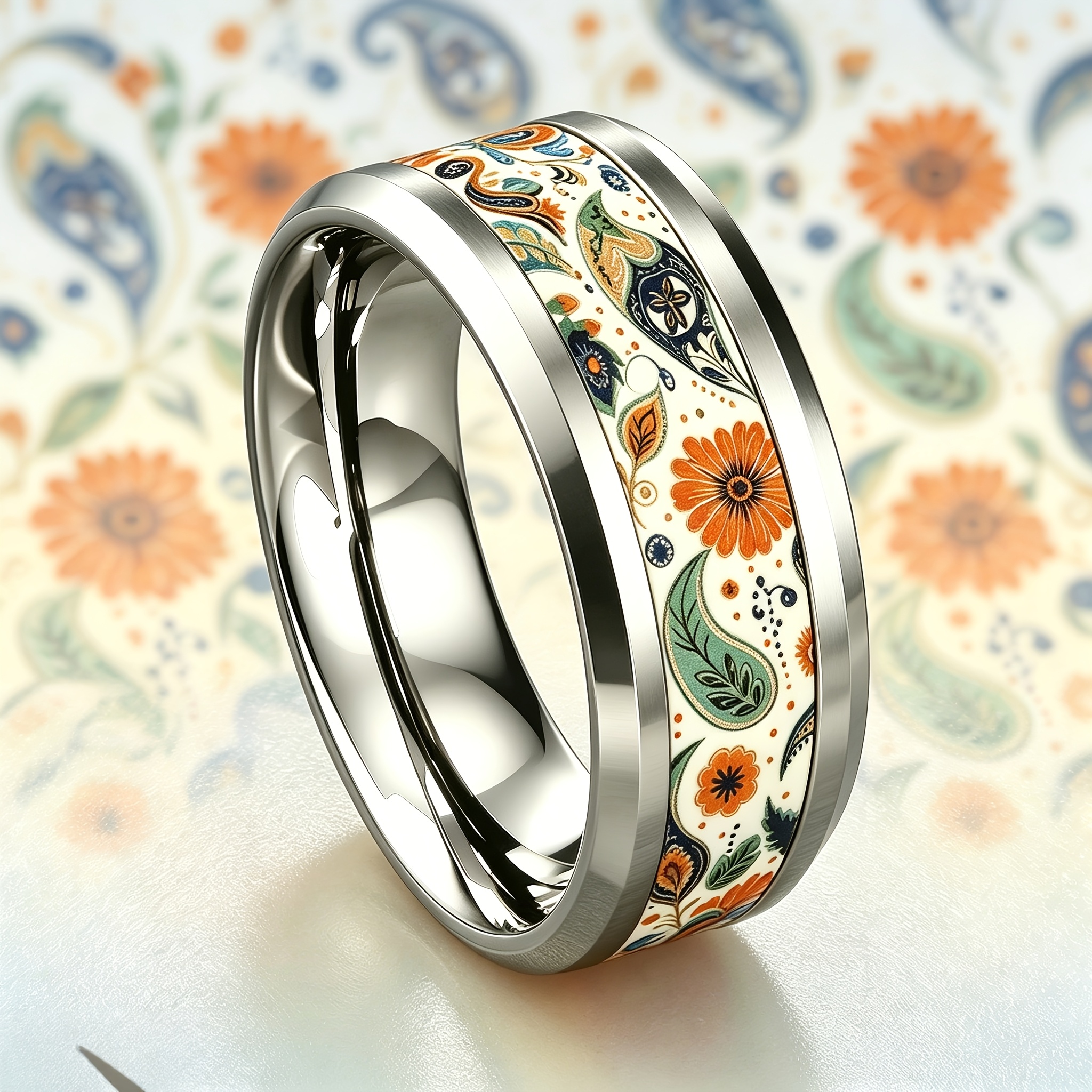 Vintage Paisley Daisy Plant 304L Stainless Steel Ring