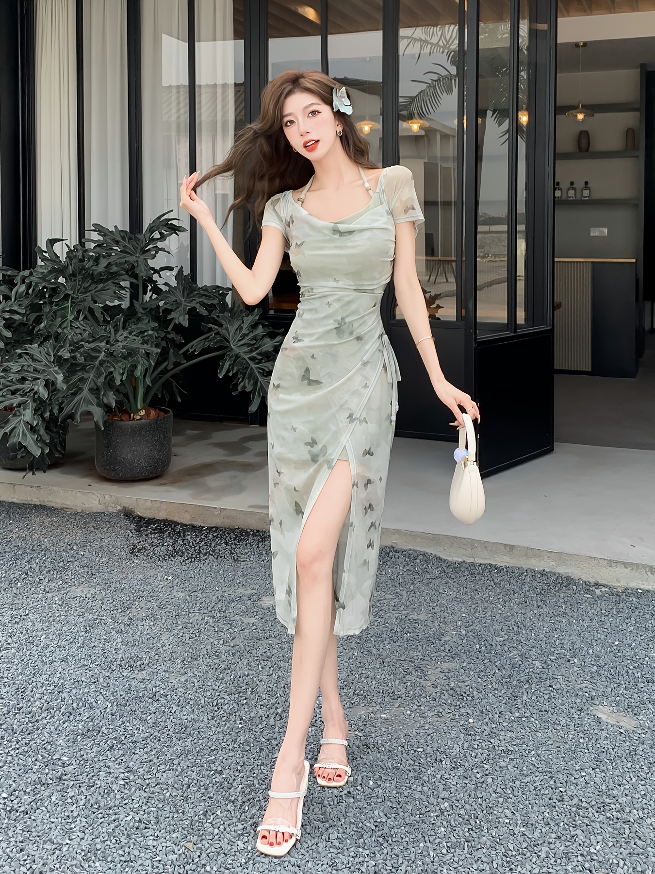 printed mesh halter neck asymmetrical slit midi dress - Temu Saudi Arabia