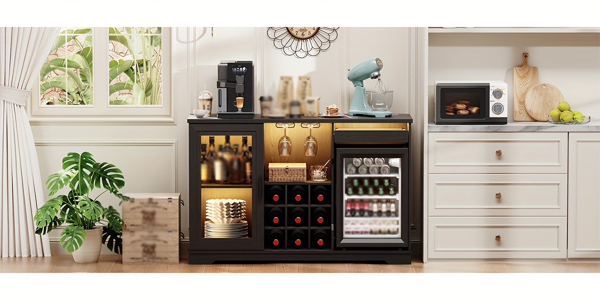 Bar Cabinet with Refrigerator, Motion Sensor, 3-Color LED Light, Glass Rack, Wine Rack, Large Storage Capacity, Mini Fridge Cabinet, Coffee Cabinet