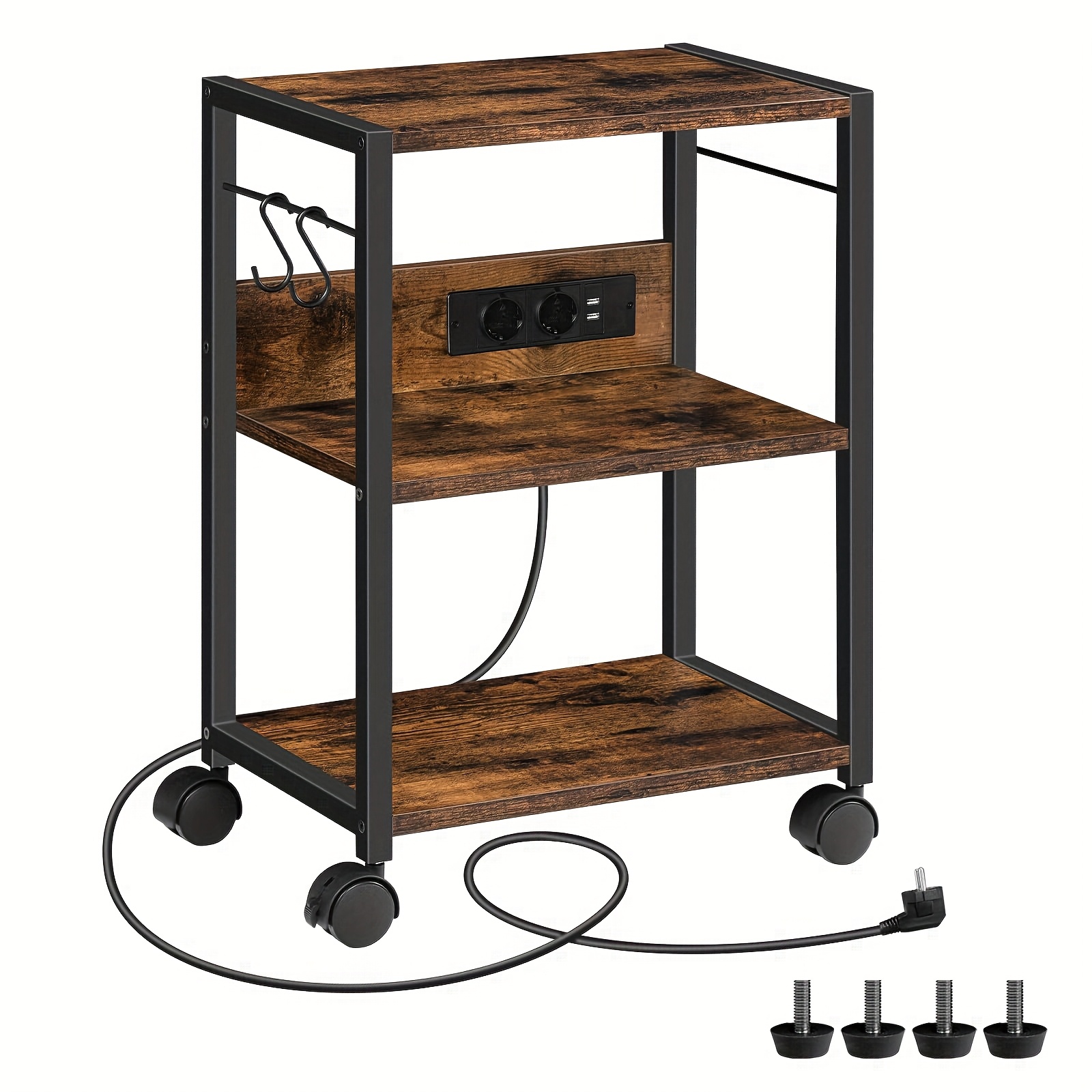 Image of Office Bookshelf Desk On Wheels With Charging Station, 28 X 42 X 60cm, 3-tier Storage Shelf With , And Black, With 2 Sockets And 2 Usb Ports, Convenient For Office Use