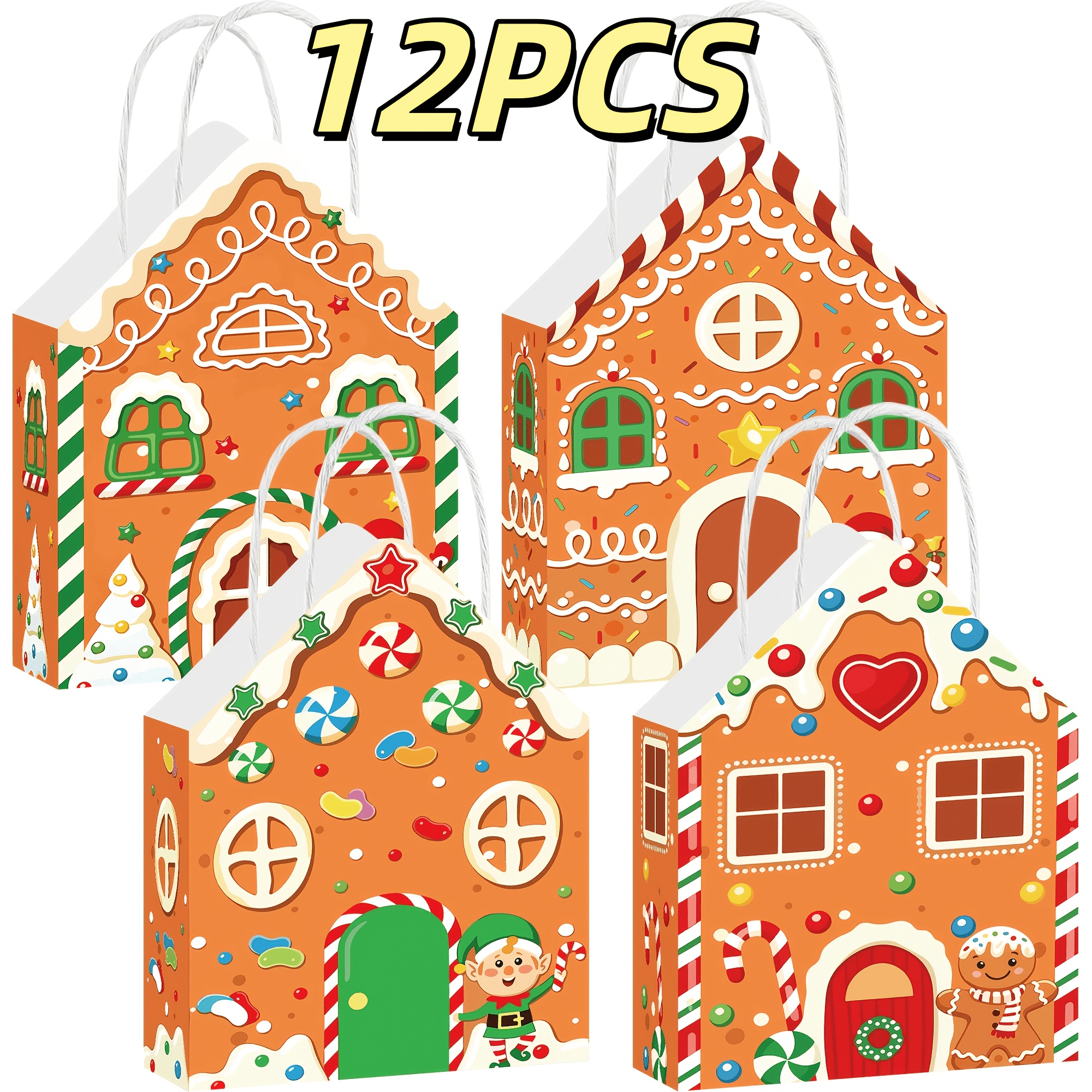 TEMU 12pcs Christmas Gingerbread House Gift Bags With Handles House Gingerbread Shaped Treat Candy Goodies Paper Bags Bulk Winter Snow Wrapping Paper