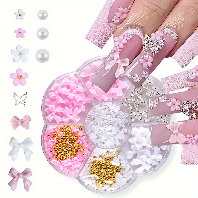 Pink White 3d Cute Flower And Bow Nail Charms, Flower Bow Manicure Kit, 3d Acrylic Flowers Nail Gems With White Half Pearls Nail Art Decoration