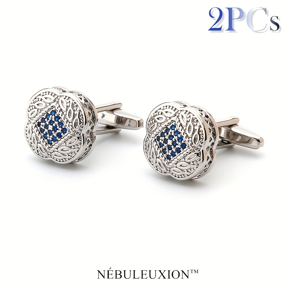 Image of Set Of 2 Luxury Cufflinks With Blue Zircons | French Style Cufflinks | Ideal For Weddings, Banquets, Ceremonies, And Business Events
