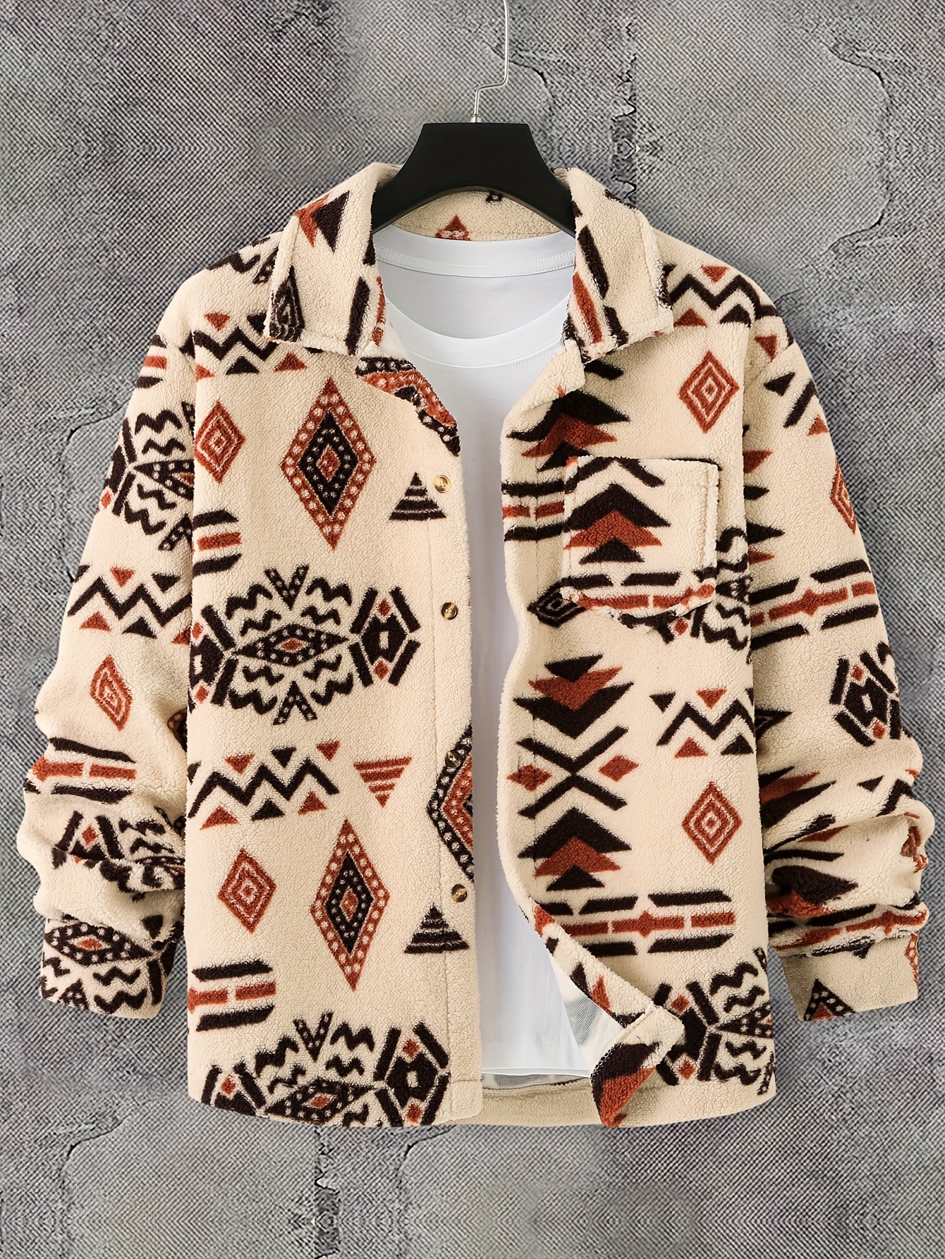 Men'S Aztec Pattern Flannel Jacket, Regular Fit, Long Sleeve, Casual Pullover with Pockets, Polyester Knit Fabric, Non, Spring/Autumn Collection