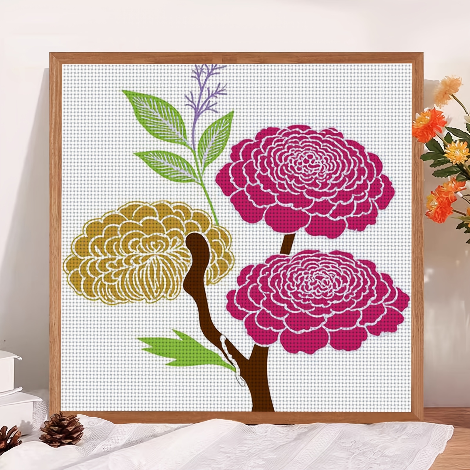 DIY Cross-Stitch Printed Kit, Unframed Three Flowers Illustration Pattern