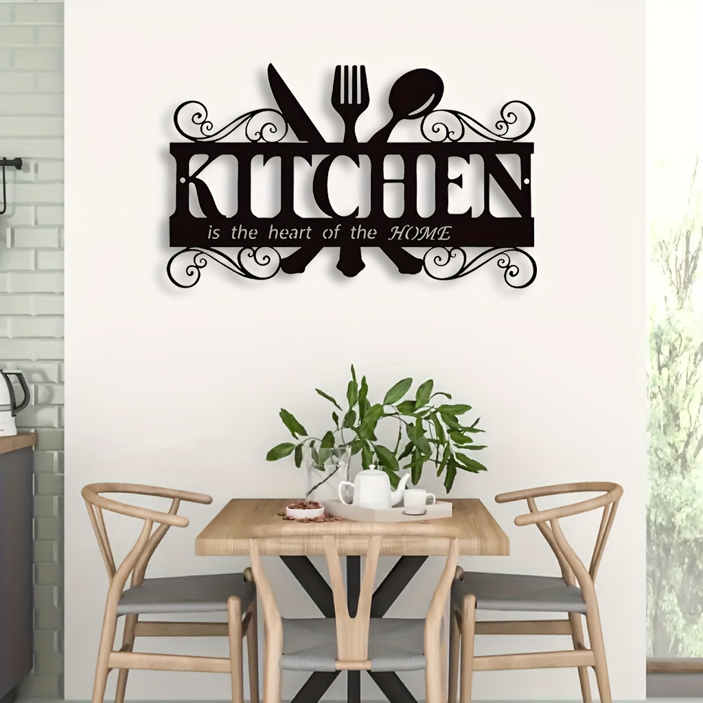 TEMU 1pc Art Deco Style Kitchen Wall Art Decor - Black Metal Family Theme Hanging Sign, 'kitchen Is The Heart Of The Home' Farmhouse Decor For Dining Room, Easy Installation, Indoor/outdoor Metal Craft