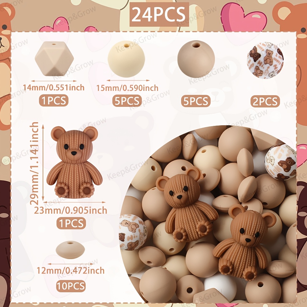 TEMU Ensemble de 24 perles en silicone 3D d' à col roulé, thème animalier, perles focales en silicone pour la fabrication de stylos à perles faits