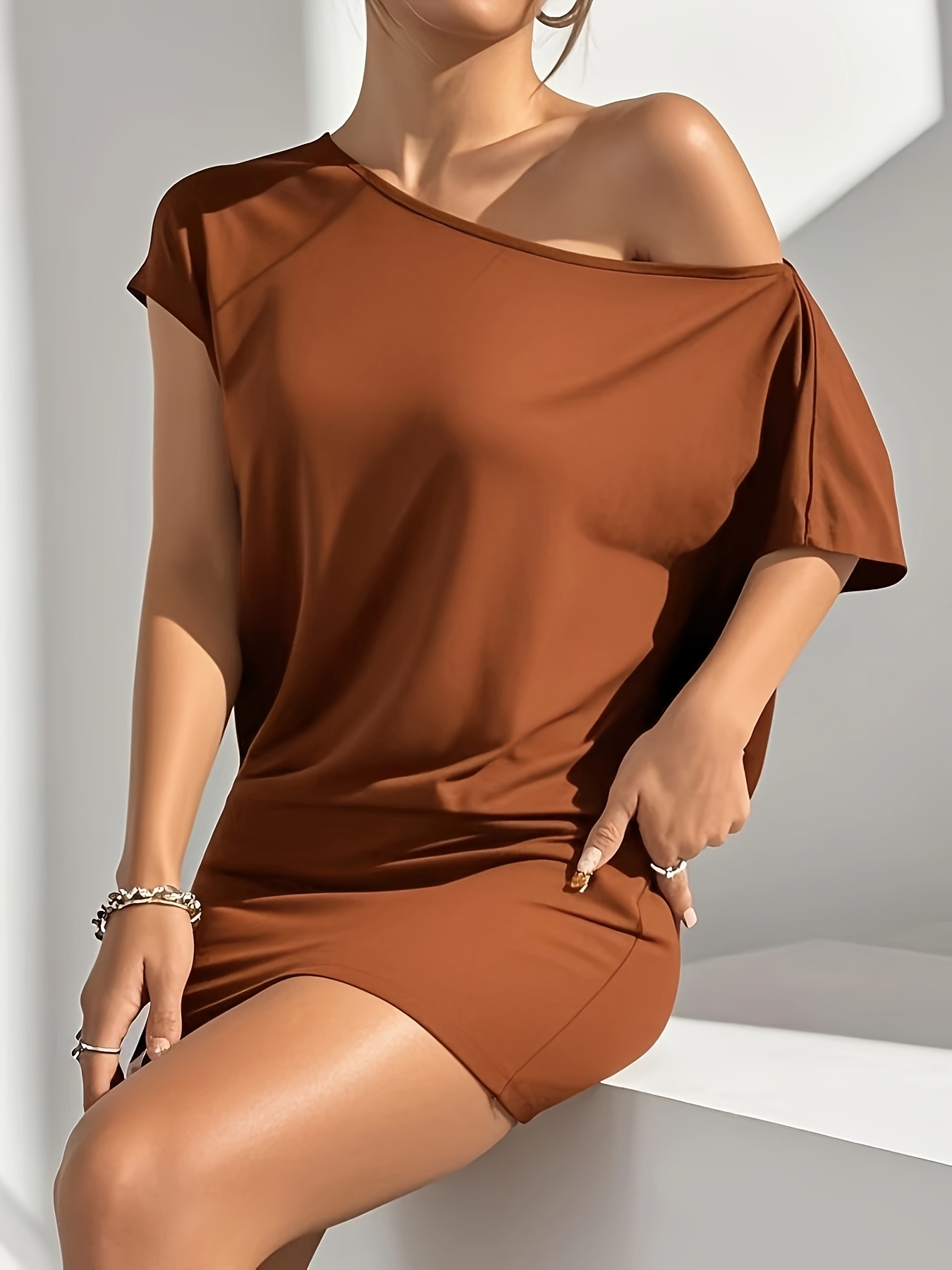 Womens Summer Solid Asymmetrical Neck Short Sleeve Casual T