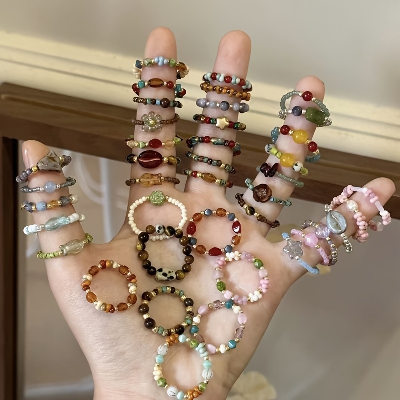 60pcs handmade bohemian beaded rings colorful mix elastic Temu