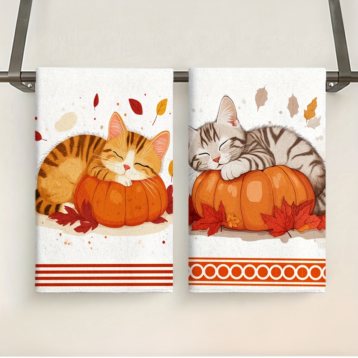 

Festive Fall Kitchen Towels: 2 Pieces With Adorable Pumpkin Cats - Machine Washable, High Quality, And Perfect For Home Decoration