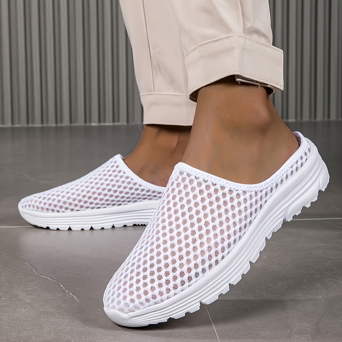[Gentle Care] Women&#39;s Breathable Mesh Slip-On Mules Sneakers - Lightweight Flat Casual Shoes with Hexagonal Pattern, White Fabric Upper &amp; MD Sole for Indoor/Outdoor Use
