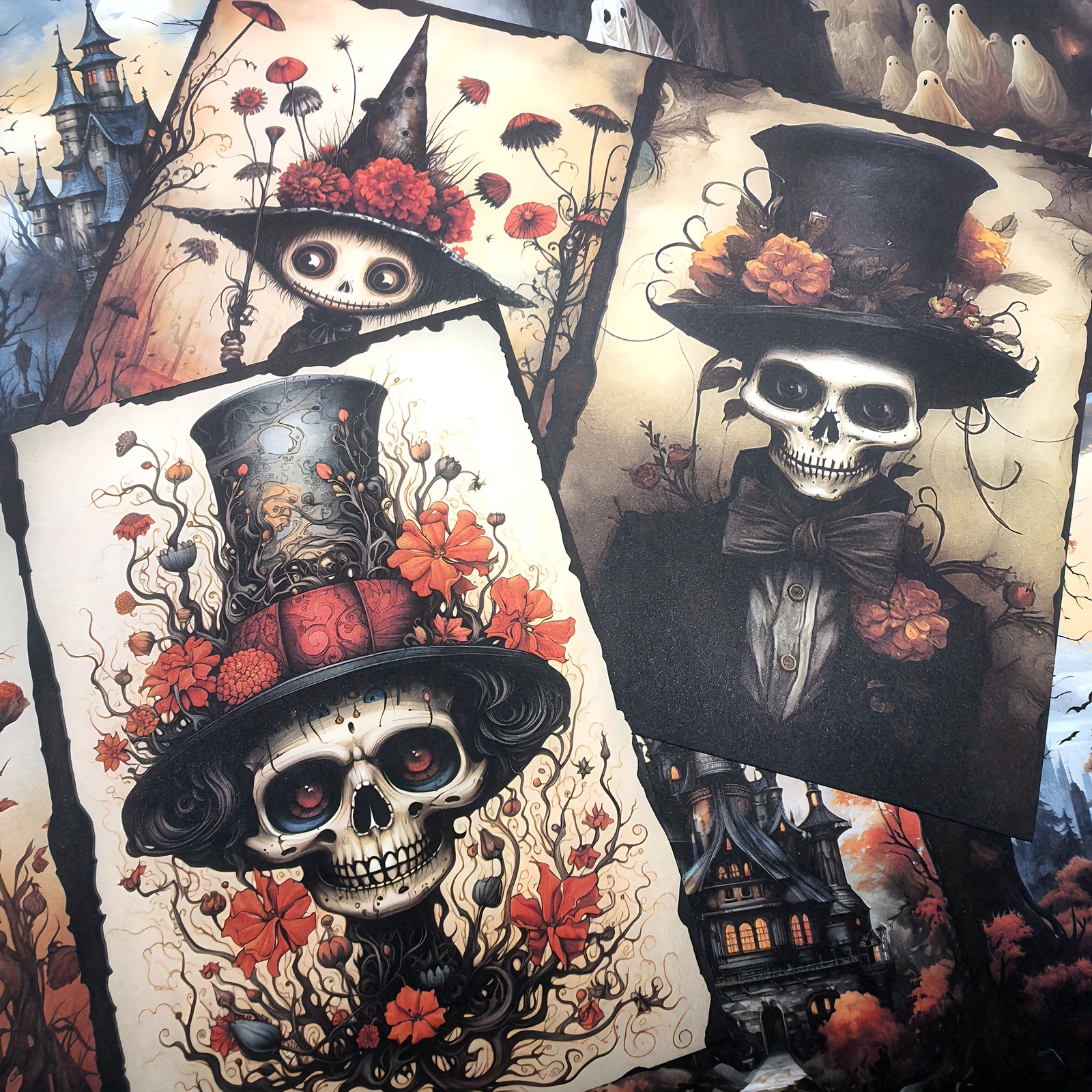 

Vigus Lot de 11 feuilles de scrapbooking vintage Halloween Dark Skeleton Castle, format A5, artisanal aquarelle, recyclable, fournitures de bureau, multi-, papeterie décorative