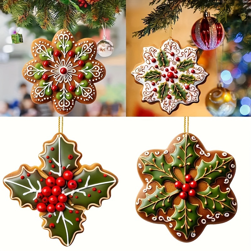 

4pcs Gingerbread Snowflake Christmas Tree Ornaments - 2d Acrylic, Perfect For Holiday Home & Party Decorations