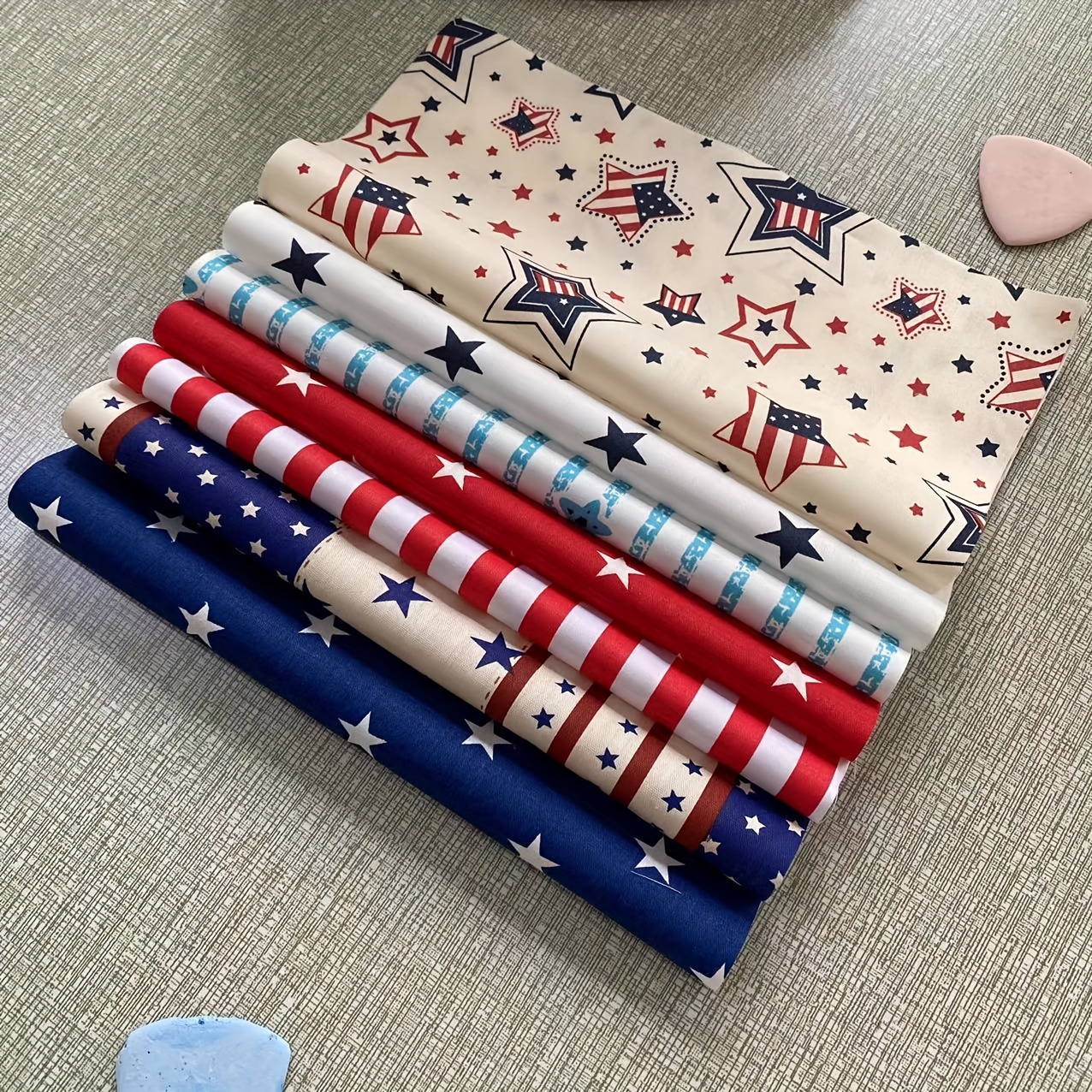 

7pcs Patriotic Large Cotton Coat 9.8 X 9.8 Inches Stars And Stripes Fabric Independence Day July 4th American Flag Print Quilt, Star Stripes Hand Quilted Easter Gift