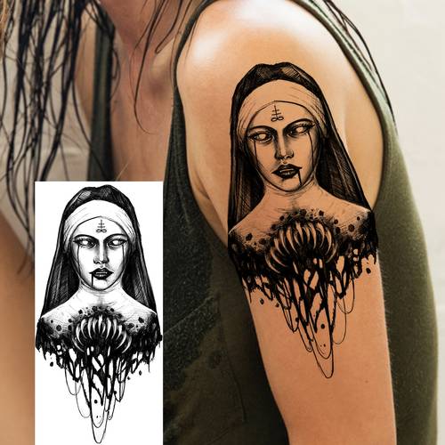 1 sheet realistic gothic nun temporary tattoos for women men long lasting waterproof body art stickers for arm leg thigh forearm half sleeve more remove for parties festivals beach costume decoration monochrome artwork print party enthusiasts