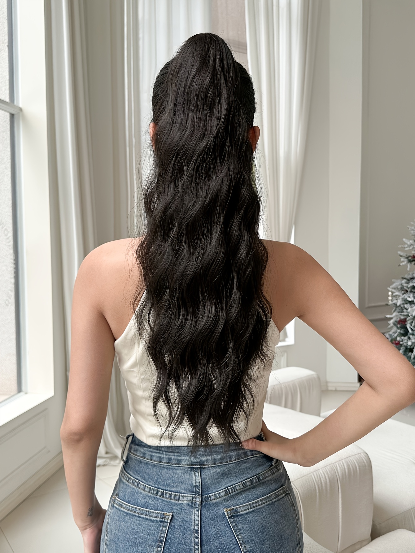 dark   claw shaped ponytail extension light brown 24 inch water wave heat resistant fiber synthetic ponytail wig suitable for short hair accessories for womens daily use details 5