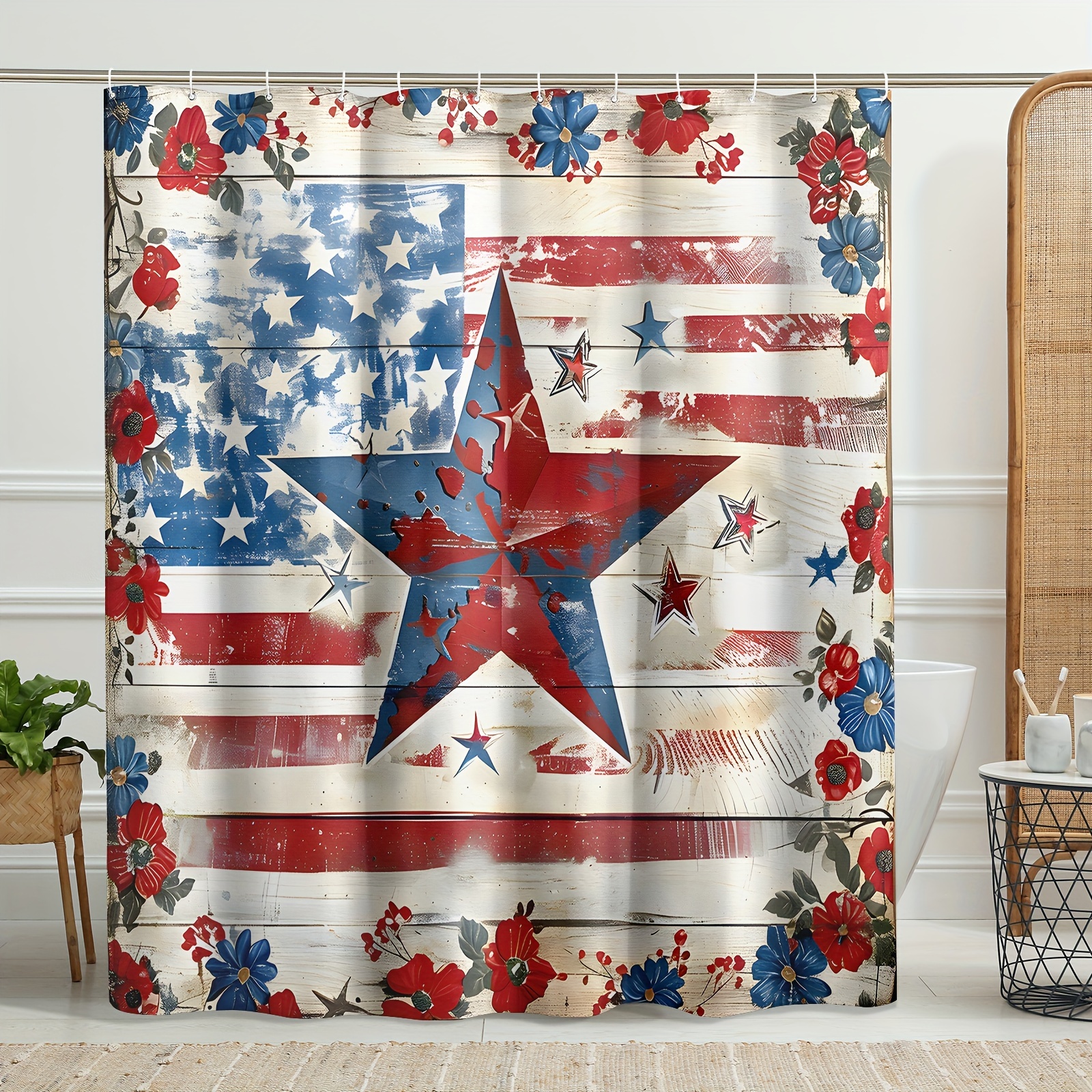 

1pc Flag Star Floral Pattern Shower Curtain, Waterproof Shower Curtain With Hooks, Bathroom Partition, Bathroom Accessories, 4th Of July, Independence Day