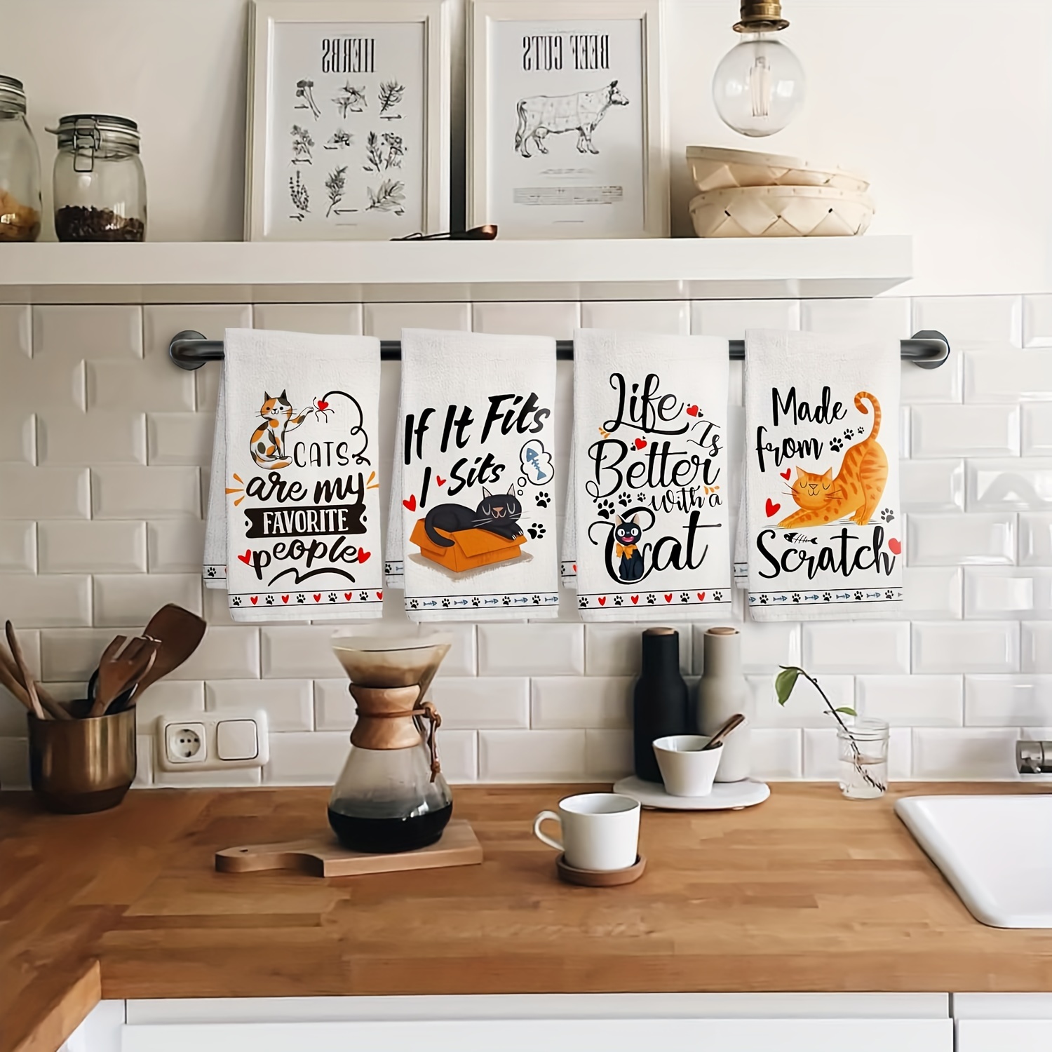 

Charming Cat-themed Kitchen Towel Set Of 4 - Microfiber, Machine Washable, Drying Hands & Dishes, Ideal Housewarming Or Cat Lover Gift