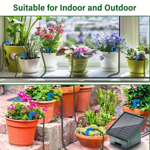 1 1w solar drip irrigation system garden automatic watering system 1500 mah with 393 7inch hose 10 potted plants at time diy watering anti siphon suitable for gardens greenhouses courtyards lawns