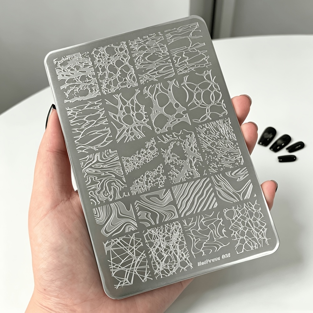 TEMU 1pc Abstract Texture Nail Stamping Plate, Irregular Mesh Bubble Ripple Swirl Line Stainless Steel Nail Art Template, Hollow Crack Animal Print