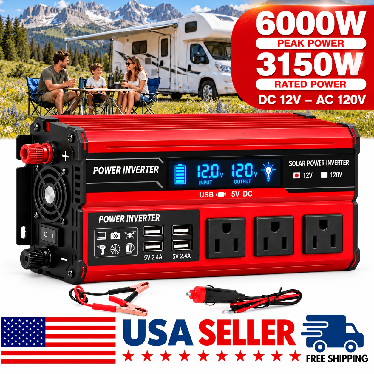 TEMU 6000w 12v Battery Power Inverter, 3150w Rated 12v To Ac 120v Converter With 3 Ac Outlets, 4 Usb Ports And Lcd Display, Power Conversion For , Rv