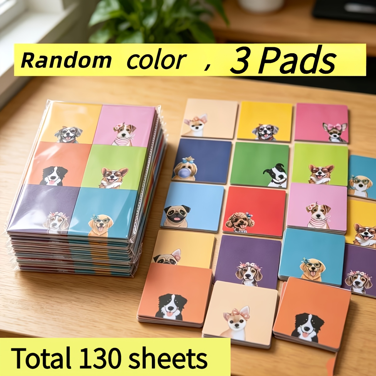 TEMU Ensemble de 3 blocs de notes autocollantes "Chien " avec 130 feuilles, couleurs aléatoires, 3X3 pouces, , blocs de notes adhésives multicolores