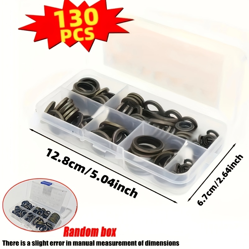130pcs Automotive Oil Pan Drain Plug Washer Kit | Includes M6, M8, M10, M12, M14, M16 Drain Washers, Rubber Washers, Replaceable Sealing Washers, Universal Fit
