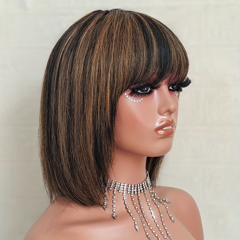 180 density looking straight human hair bob wig bangs - Temu display picture 1