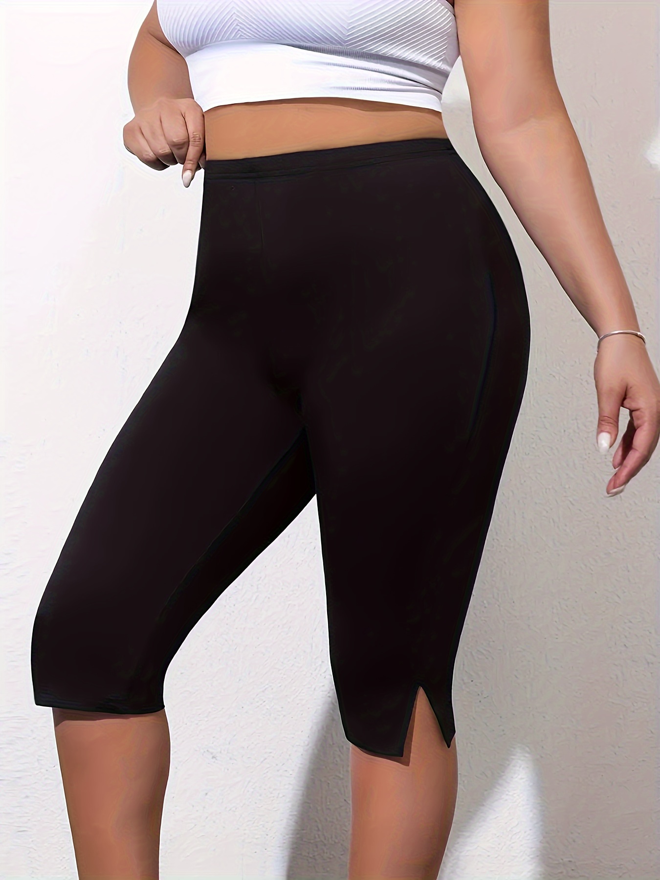 Plus Size Side Split Skinny Shorts, Casual Every Day Stretchy Short Leggings, Women's Plus Size?Clothing