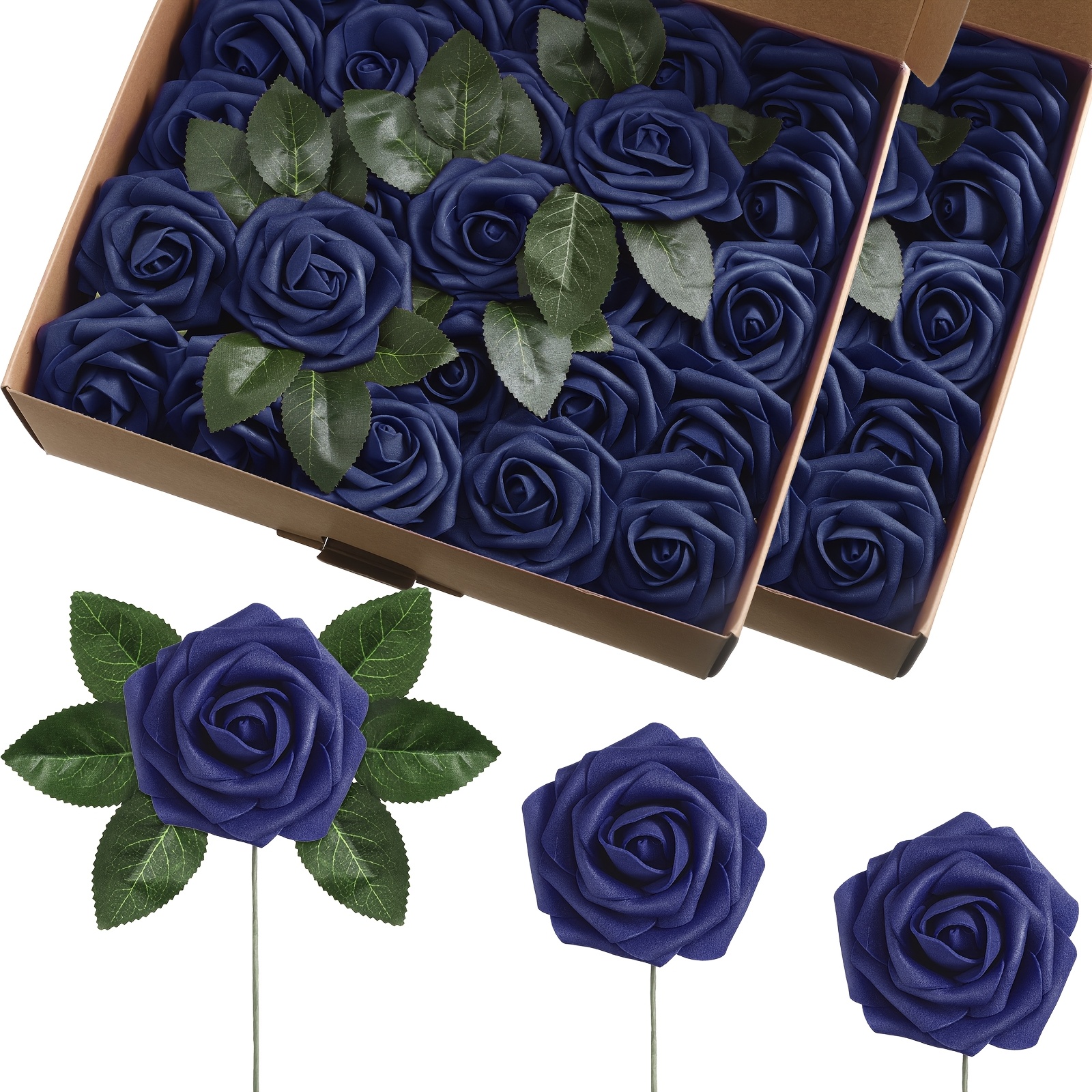 TEMU 100pcs Navy Blue Rose Bouquet | Artificial Rose Flowers With Leaves And Stems For Wedding, Bridal Shower, Valentine's Day, Home Decorations - Plastic, Dreyoo