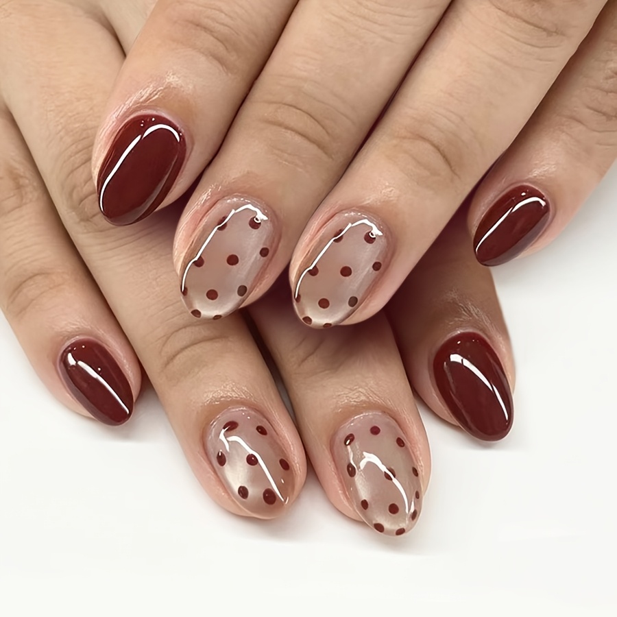 TEMU 24pcs Short Oval Burgundy Polka Dot Cat Eye Starry Glitter Nail Stickers, Glossy Surface 12 Sizes, Fashionable And Versatile, Full Coverage Fake