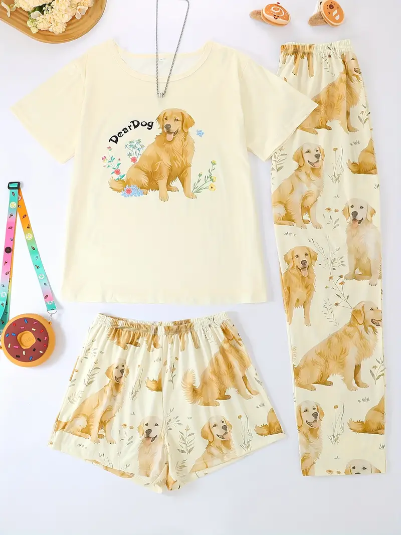 three piece pajama set round neck short sleeve pullover and loose elastic shorts with extended length golden retriever print design wear casual womens sleepwear and loungewear outfit Product details 0