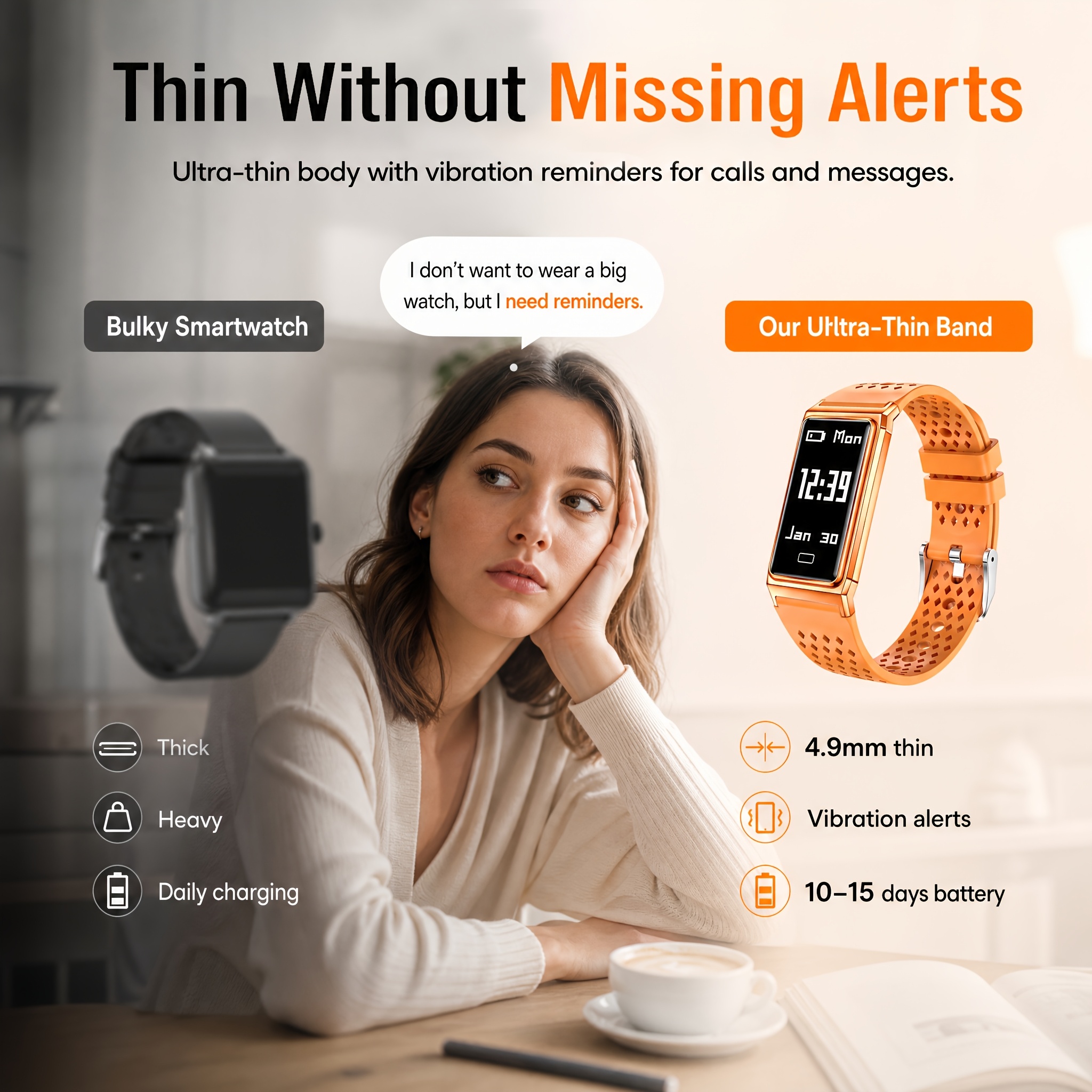 Strakke Zwarte Ultradunne Slimme Armband voor Mannen en Vrouwen, Smartwatch, Lichtgewicht Fitnesstracker voor Dagelijks Comfort, 10+ Dagen Batterijduur, Activiteiten-stappenteller met 24/7 Gezondheids- en Slaapmonitor, IPX8 Waterdicht Sporthorloge, Aanraakbediening, Cadeau