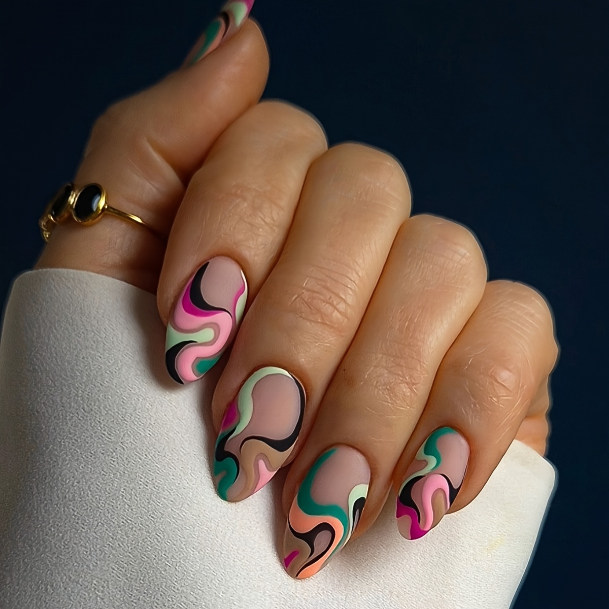 TEMU Ongles acryliques courts d', mats, faux ongles vintage bicolores à tourbillonnants et ondulés, autocollants pour ongles géométriques abstraits