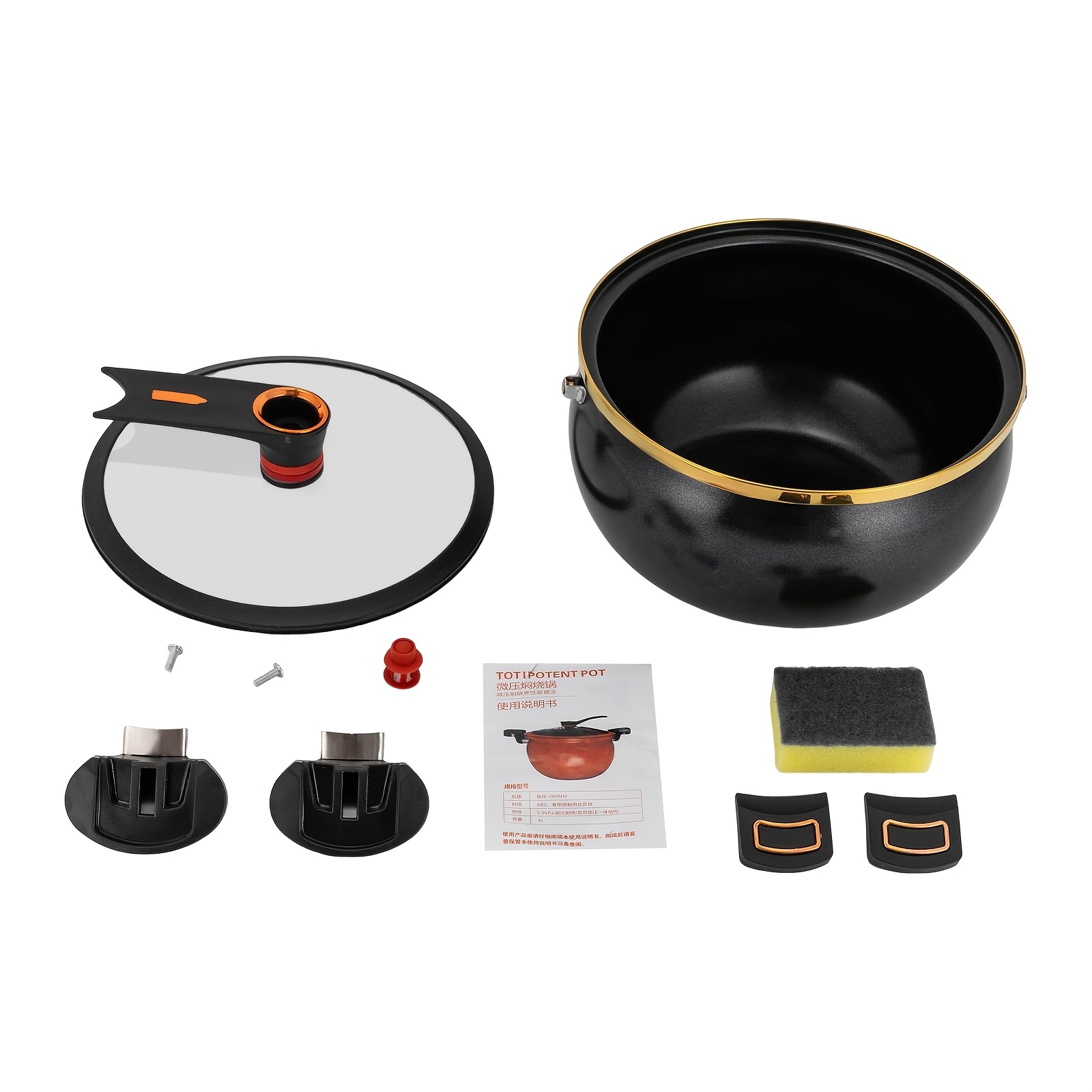 TEMU Olla de asa de gran capacidad de 7L, olla de hierro engrosado con de vidrio dorada, negro/azul /naranja, olla multiusos para sopa y estofado,