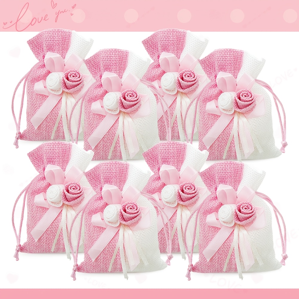 10pcs Blue and Pink Drawstring Gift Bags with Floral Design